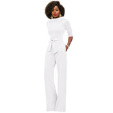 Einfarbiger Jumpsuit mit Polokragen und Fünfviertelärmeln für den Herbst mit hoher Taille und weitem Bein